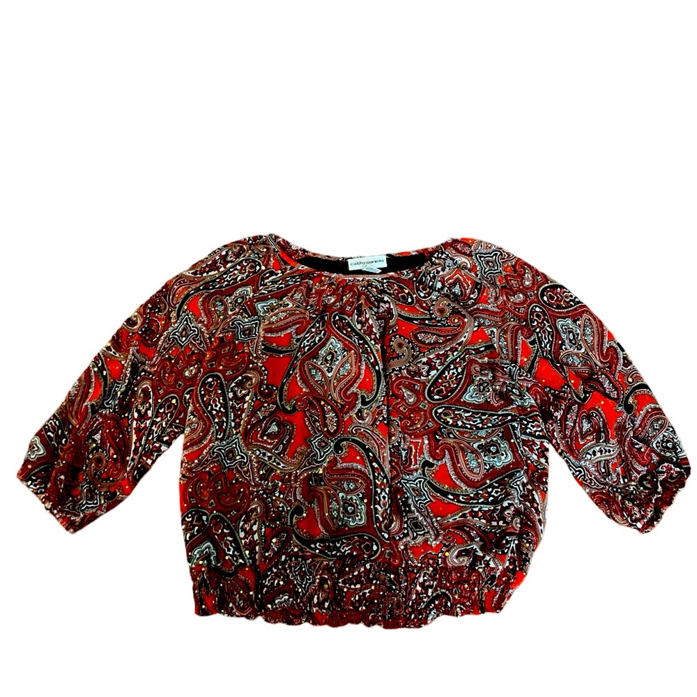 Cathy Daniels Gold bling Red Paisley blouse Scoop Neck quarter Sleeve Size Large - Picture 3 of 16